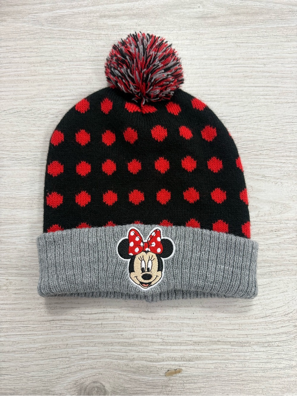 Disney Kids Minnie Mouse Pom Pom Beanie - Black, Red & Gray